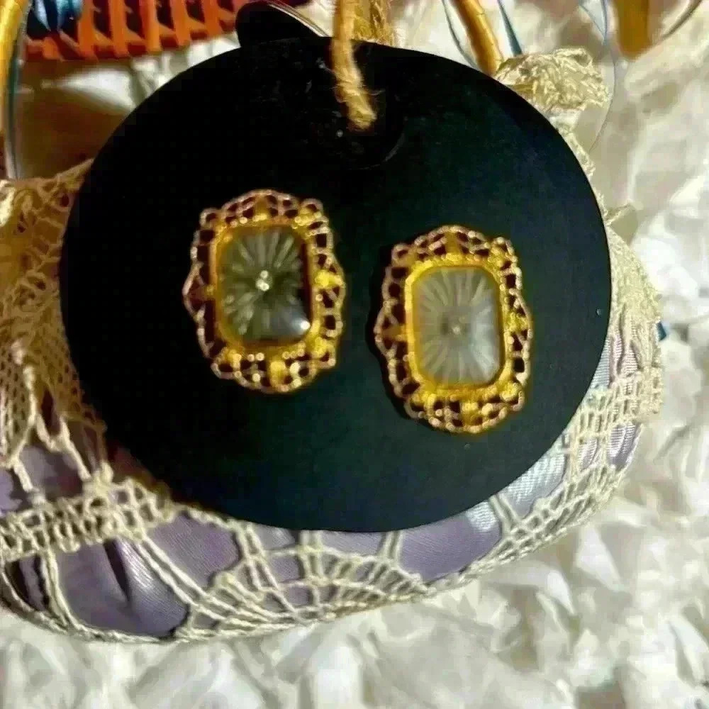 Vintage Earrings- Frosted Glass & Jewel enclosed in Gold-tone Frame